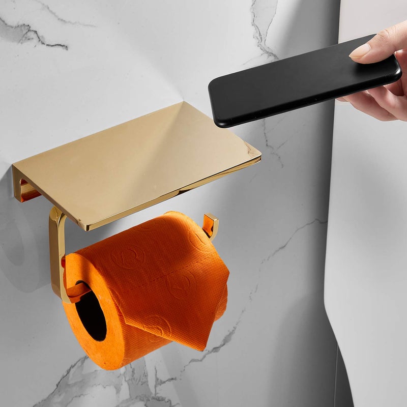 LANGPAI Toilet Paper Holder for Bathroom Solid Brass and Superior Hotel Style Tissue Roll Holder with Cell Phone Storage Gold Finish - Image 3